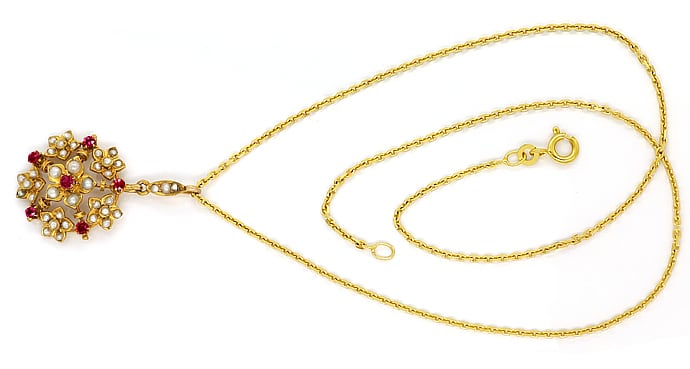 Foto 1 - Antikes Collier mit Saatperlen und Rubinen in Gold, Q1978